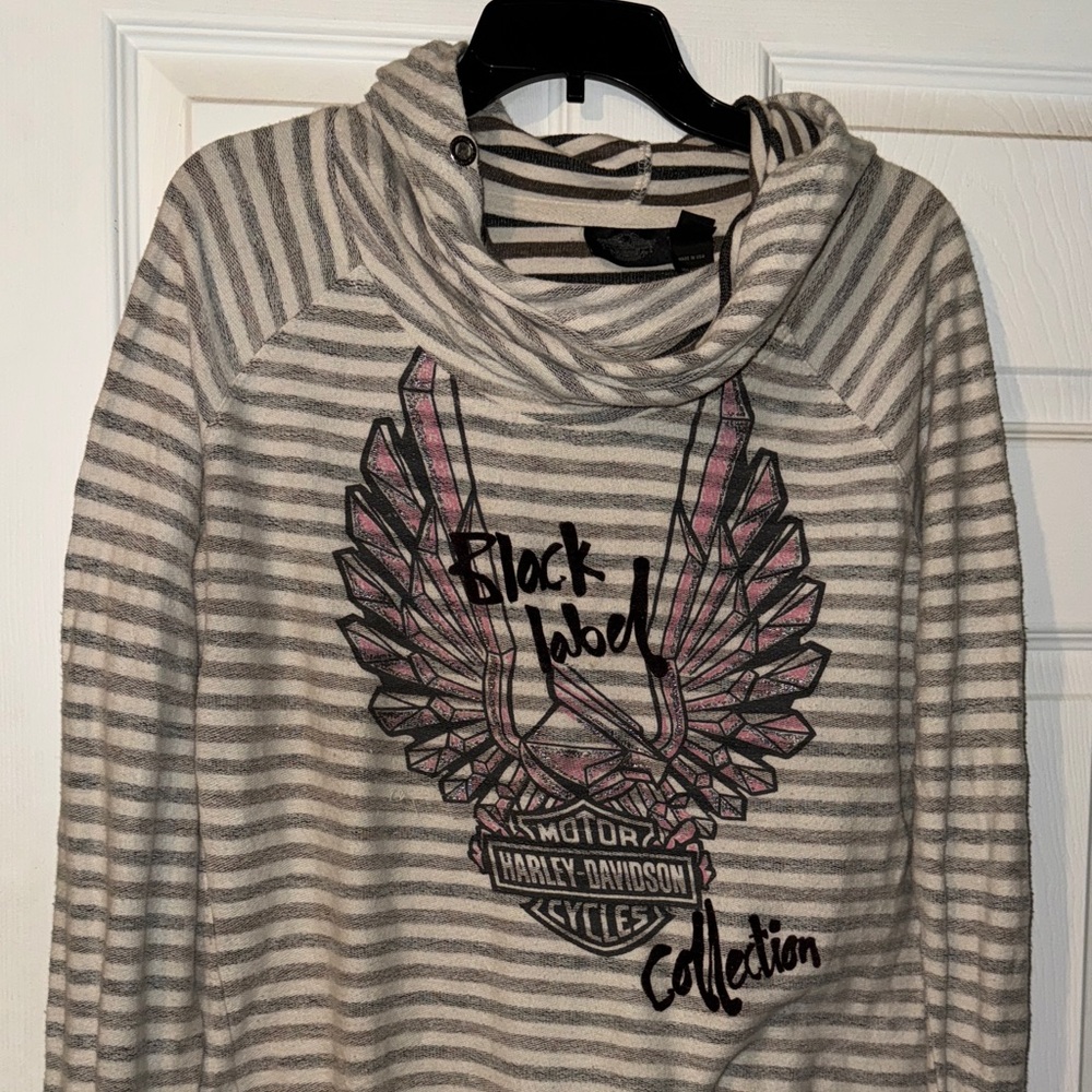 3/$30 Harley-Davidson Women's Black Label Striped Cream Sweater